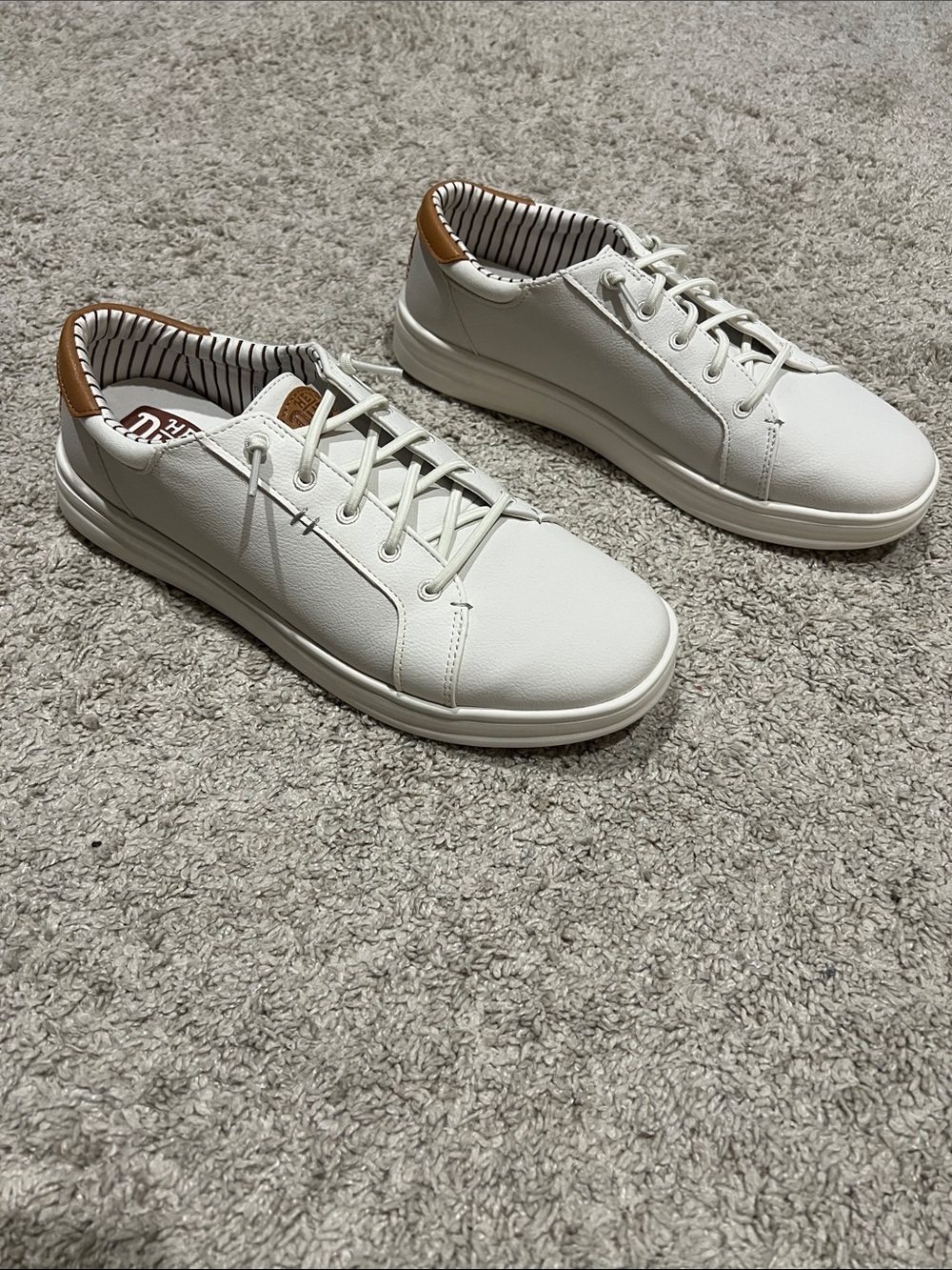 Hey Dude White Sneakers with Tan Heel Accent